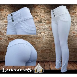 Pantalón Color Blanco de Mezclilla para mujer con pretina alta tipo Colombiano