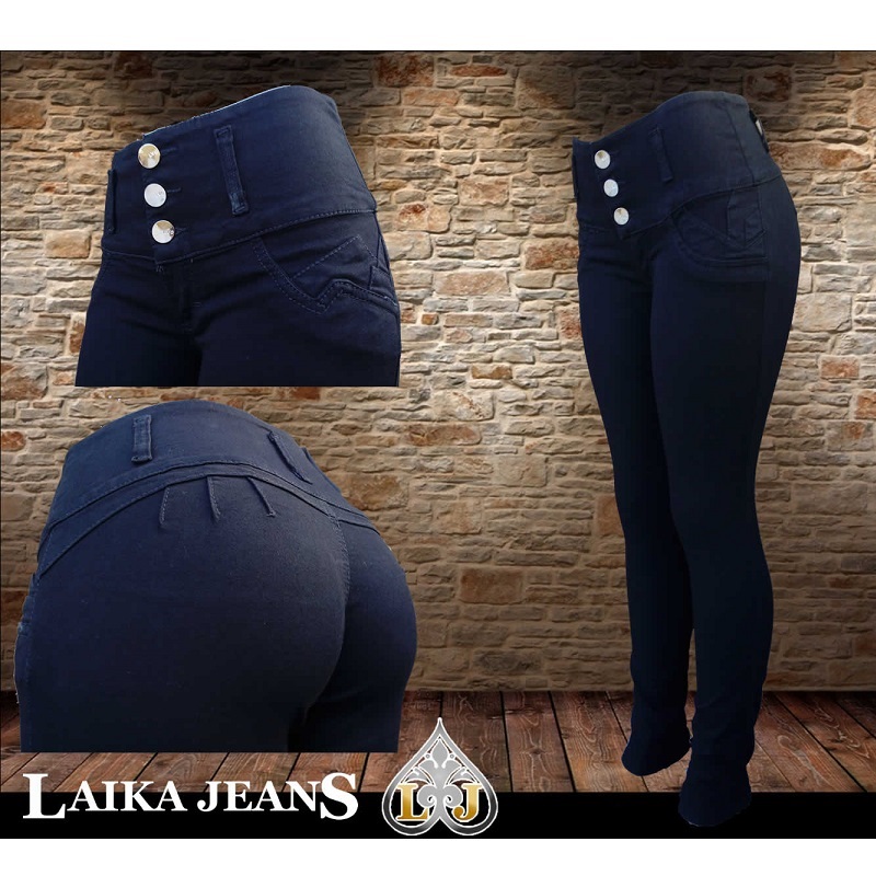 Pantalón Color Negro de Mezclilla para mujer con pretina alta tipo Colombiano